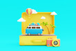 Summer time concept. Opened suitcase with van, beach elements,coconut palm, camera and hot air balloon floating. holiday and vacation, 3d rendering.