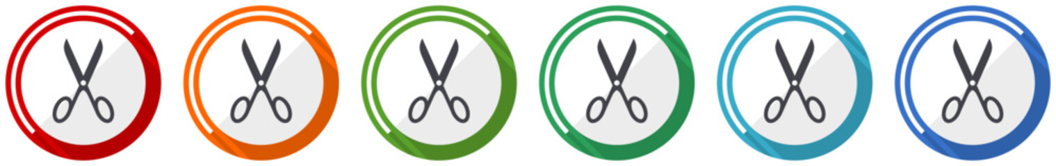 Fototapete - Scissors icon set, flat design vector illustration in 6 colors options for webdesign and mobile applications