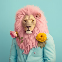 A Pastel Pink Animal King In A Blue Flower Suit. Lion Standing And Posing, Abstract Portrait Of A Wild Animal. Pink Big Hairstyle. Illustration. Generative AI.