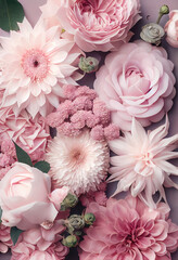 Wall Mural - Spring creative soft concept of fresh Spring flowers and roses. Holidays in which women receive surprise and bouquet of flowers. Pastel pink flat lay background. Illustration. Generative AI.