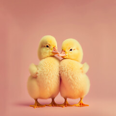 A cute, little two ducklings hug each other, a symbol of love. Pastel, creative, animal concept. Valentine's Day, duck couple in a pet relationship. Illustration. Generative AI.