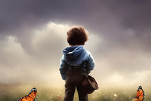 Boy In Cloudy Nature With Bag And Butterflies