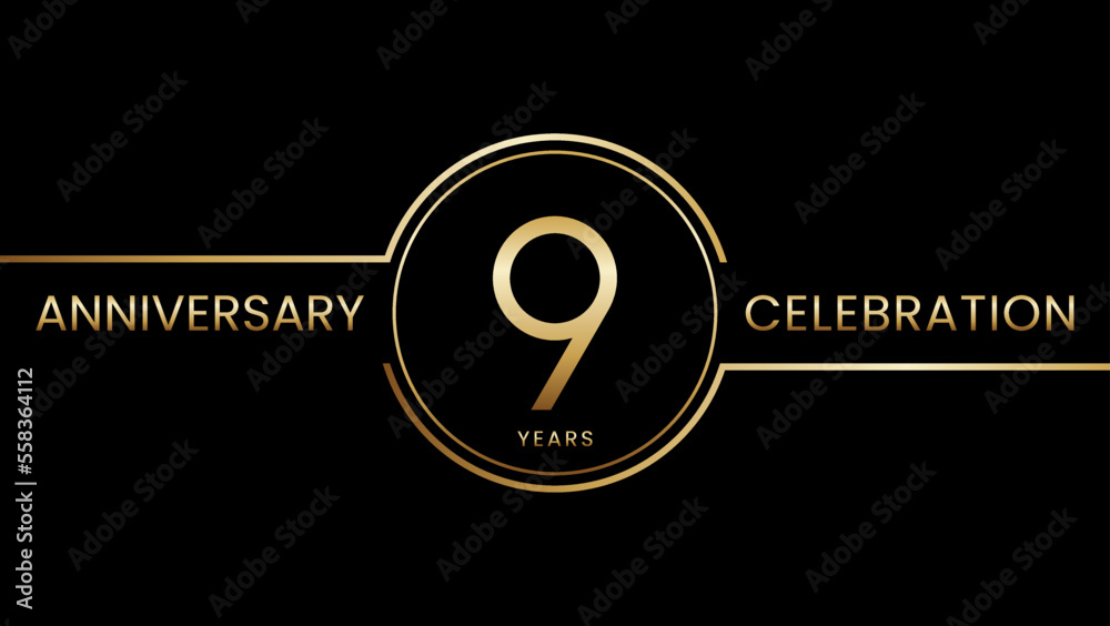 9th anniversary. Anniversary template design with golden text and ring ...