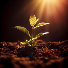 a young sprout in shining rays of sun. Ecological concept..