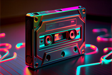 Poster - Beautiful Audio cassette tape in neon light.Minimalism retro style concept. 80s. Background pattern for design.	
