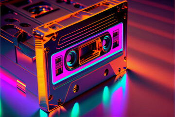 Poster - Beautiful Audio cassette tape in neon light.Minimalism retro style concept. 80s. Background pattern for design.	
