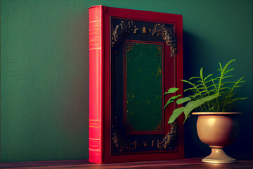 Aufkleber - Old book on a red wooden table. Background of green wall.	
