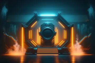 Wall Mural - Fictional neon stage with smoke background. generative ai