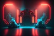 Fictional neon stage with smoke background. generative ai