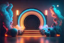 Fictional Neon Stage With Smoke Background.