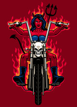 Red Devil Woman Riding On The Motorcycle