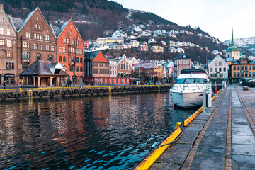 Wall Mural - Bergen Traditional Scandinavian Architecture. Decorated Residential Houses in the Old Part of Bergen. Vestland, Norway. UNESCO World Heritage Site.