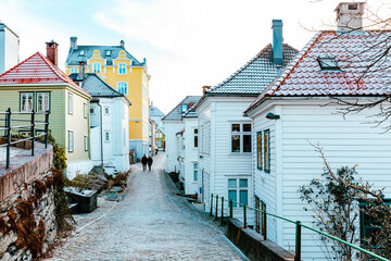 Wall Mural - Bergen Traditional Scandinavian Architecture. Decorated Residential Houses in the Old Part of Bergen. Vestland, Norway. UNESCO World Heritage Site.