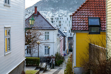 Wall Mural - Bergen Traditional Scandinavian Architecture. Decorated Residential Houses in the Old Part of Bergen. Vestland, Norway. UNESCO World Heritage Site.