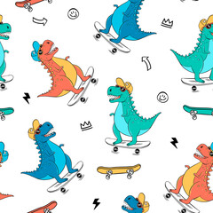 Wall Mural - Skater Dinosaurs Seamless Pattern. Cartoon Dinosaurs Kids Seamless Repeat Design. Hand Drawn Skateboarding Vector Seamless Pattern