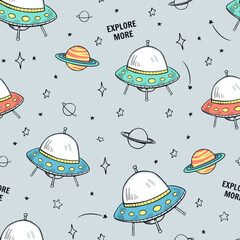 Wall Mural - Space Seamless Repeat Pattern. Hand Drawn Galaxy, Rockets and Planets, Spaceship Seamless Vector Pattern.