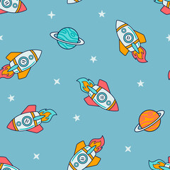Wall Mural - Space Seamless Repeat Pattern. Hand Drawn Galaxy, Rockets and Planets, Spaceship Seamless Vector Pattern.