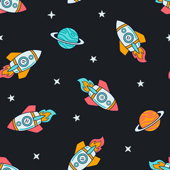 Wall Mural - Space Seamless Repeat Pattern. Hand Drawn Galaxy, Rockets and Planets, Spaceship Seamless Vector Pattern.