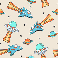 Wall Mural - Space Seamless Repeat Pattern. Hand Drawn Galaxy, Rockets and Planets, Spaceship Seamless Vector Pattern.