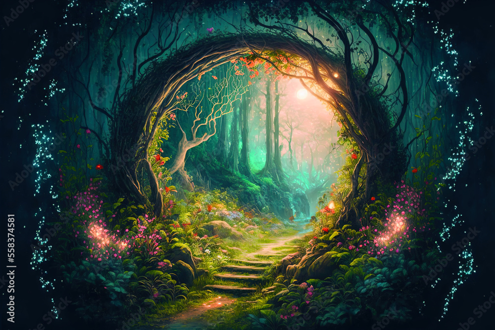 Fantasy fairy tale background. Fantasy enchanted forest with magical ...