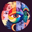 A bold and powerful illustration of LGBTQIA+ symbols, the eyes