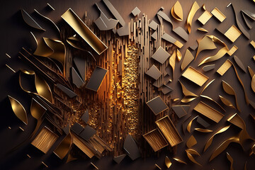Canvas Print - Abstract background in brown, black and gold colors. Wood is combined with gold, metal. Gen Art