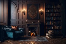 Medieval Style Fantasy Home Living Room Interior With Wooden Flooring Next To Fireplace
