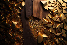 Abstract Background In Brown And Gold Colors. Wood Is Combined With Precious Stones, Opal, Gold, Metal. Gen Art