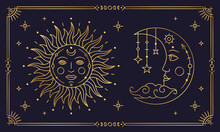 Mystical Golden Boho Sun And Crescent Moon With Faces. Astrology, Alchemy, Esoteric, Tarot, Fortune Telling And Mysticism Stylized Design Elements Thin Line Vector Illustration On Dark Navy Background