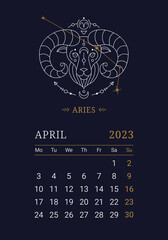 Wall Mural - 2023 Astrology wall monthly calendar with Aries zodiac sign. Vertical april calendar template with zodiac constellation and stars on blue sky, week starts on Sunday thin line vector illustration