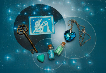 Wall Mural - zodiac sign Aquarius with magic bottles and hearts and with stars like romantic astrology and love and Valentine concept 