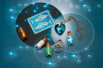 Wall Mural - zodiac sign Pisces with magic bottles and hearts and with stars like romantic astrology and love and Valentine concept 