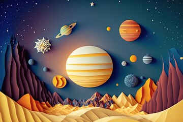Wall Mural - beautiful illustration paper craft style of astronomy space scenic ,planet, star,	
