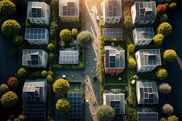Wall Mural - drone view of residential houses with photovoltaic solar panels. alternative and renewable energy co