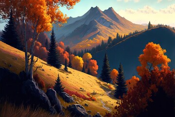 Wall Mural - beautiful autumn nature landscape, hill valley mountain turn into yellow orange color in season change