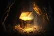 A wooden treasure chest is opening with golden shining lighting reflection inside, it placed at the deep of the cave in dark environment. Generative Ai image.