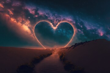 illustration of endless way path to the horizontal line with light trail grow in heart shape 