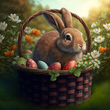 An Easter Bunny Sitting In A Basket Of Easter Eggs Outdoors. Created With Generative AI. Midjourney Illustration.