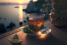 Beautiful Sea View From Luxury Balcony On Tropical Island With A Cup Of Herbal Tea With Sunset Or Sunrise Background In Dusk Or Dawn Time 