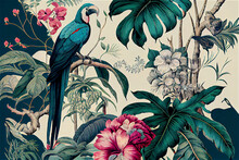Exotic Tropical Pattern With Parrots And Flowers In Toile De Jouy Style, Generative AI