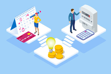 Isometric invoice and electricity meter. Utility bills payment. Electricity consumption expenses. People paying utility, and electricity bills online