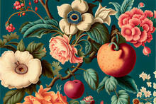 Traditional Fruit And Flowers Pattern In A Classic Vintage Style Ideal For Backgrounds, Generative AI