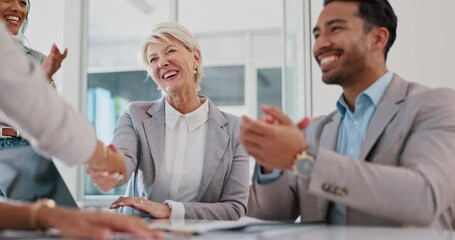 Poster - Handshake, partnership and business people clapping hands in celebration, congratulations or motivation. Collaboration, applause and senior woman shaking hands with company partner after success deal