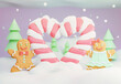 Two gingerbread in love.Winter landscape wallpaper. Trendy cartoon 3D illustration