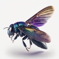 a close up of a bee on a white background with a blue and yellow stripe on it's back legs and wings, with a black head and a blue and yellow stripe on the back end of the wings., generative ai