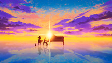 Fantasy Scenery Silhouette Of A Couple And Pet At The Tropical Sea With A Sunset. They Play Music With Piano And Violin And Float On Surface Water, Digital Art Style, Fine Art Illustration Painting.