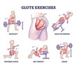 Glute exercises with body buttocks sport training examples outline diagram. Labeled educational butt fitness with deadlift, back extension, squat, hip thrust and lunge workout vector illustration.