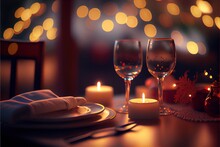 A Romantic Dinner For Two With Candles On The Table.