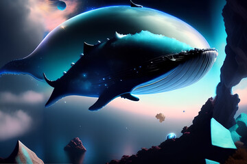 Whale in the sky, Abstract night fantasy landscape with an planet ,an unreal world, a fish, Reflection of moon light, water, depths of the sea. 3D. Ai generated image.