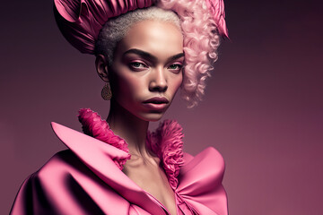 fashion portrait. black woman wearing pink high fashion clothing. generative ai